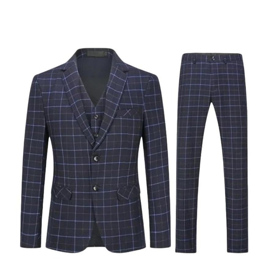 Men Plaid 3-Piece Suit Slim Business Wedding Dinner Events Suit2