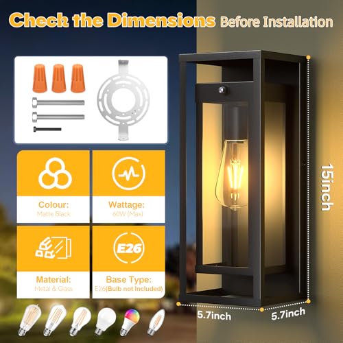 Image of Dusk to Dawn Outdoor Wall Sconce Black Modern Exterior Lighting Fixture | 15 Inch, Waterproof, Large Porch Light, Outside Lantern Wall Mounted, Outdoor Lamps for Coach, Doorway and Patio, E26 Base
