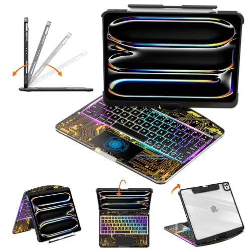 Image of Clear Keyboard Case for iPad Pro 11 Inch (M4 /M5 2024 /2025) 360 Swivel Multi-Touch Trackpad,with Wireless Bluetooth 3-Brightness & 7-Color Backlit, Pencil Holder tecla de acceso directo Black