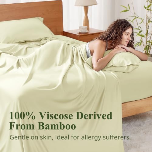 Image of Queen Size Sheet Set, Viscose Bamboo Sheets for Bed Set 4pcs, 100% Viscose Derived from Bamboo, Hotel Luxury Silky & Cooling for Hot Sleepers, Deep Pocket Up to 17 inch, Creme