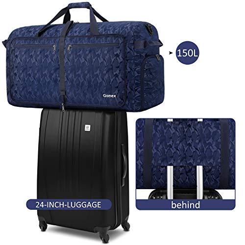 Gonex 150L Travel Duffel Bag Foldable Extra Large Duffle Bag XL Heavy Duty for Men Women for Luggage Shopping Black and Blue Camouflage