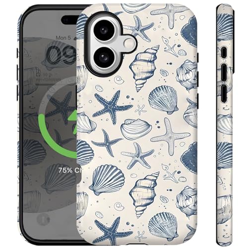Ceckooty Compatible for iPhone 16 Case Vintage Blue Seashells Cute