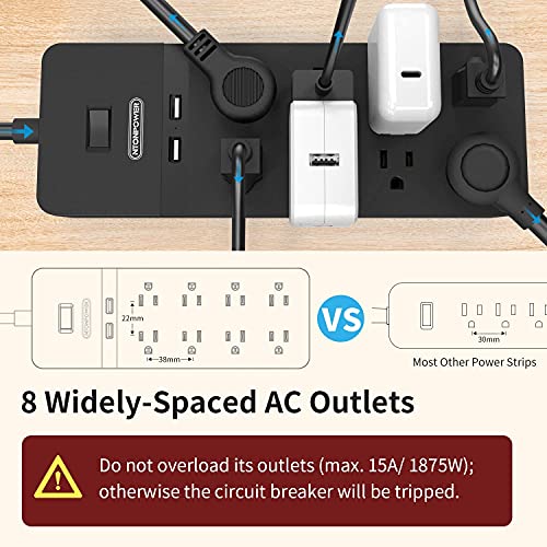 Extensión NTONPOWER con 8 tomas y 2 puertos USB, protección contra sobrecarga, cable de 4.57 m, 1875W, color negro miniatura 3