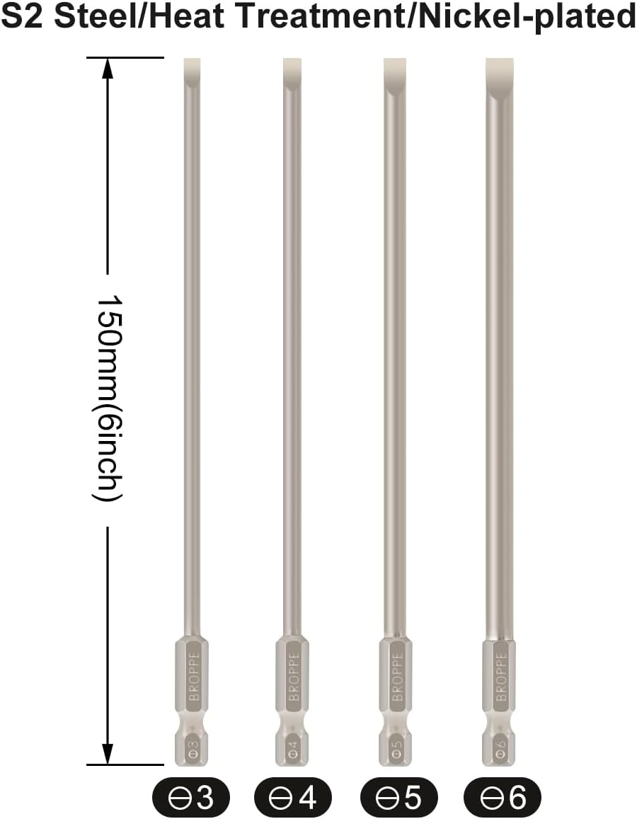 4 Pcs Slotted Screwdriver Bit Set Magnetic Flat Head Screwdriver Bits 6 inch Long 1/4 Inch Hex Shank 3mm 4mm 5mm 6mm