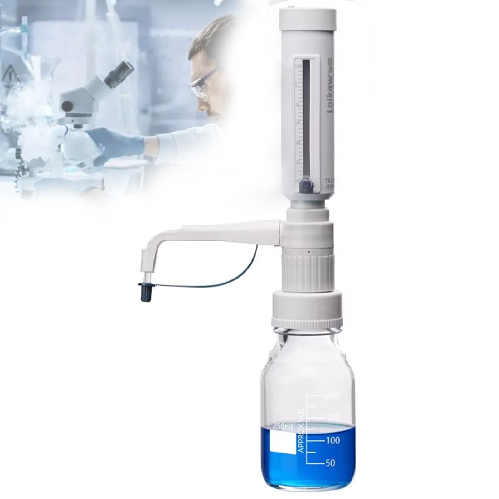 Dispensador de líquido de laboratorio, volumen ajustable de 5 a 30 ml, dispensador de botella con 5 adaptadores de rosca GL para entrega de reactivos químicos