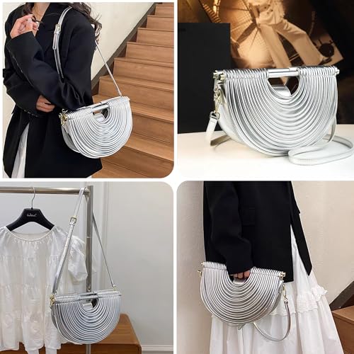 Image of Trendy Woven Evening Clutch Purse Half Round Designer Shoulder /Crossbody Bag Top-Handle Satchel Handbags