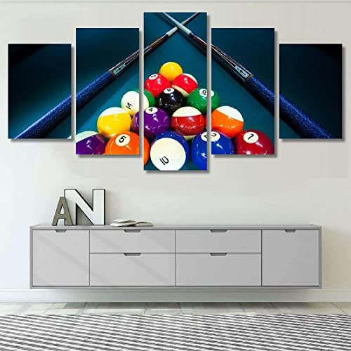 WYMY 5 Panels Prints Wall Art Billiards Pool Table Balls Cue Contemporary Canvas Artwork Modern Decorations for Living Room Framed Ready to Hang(80x40inch), Large Size 200*100cmFramed