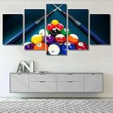 WYMY 5 Panels Prints Wall Art Billiards Pool Table Balls Cue Contemporary Canvas Artwork Modern Deco