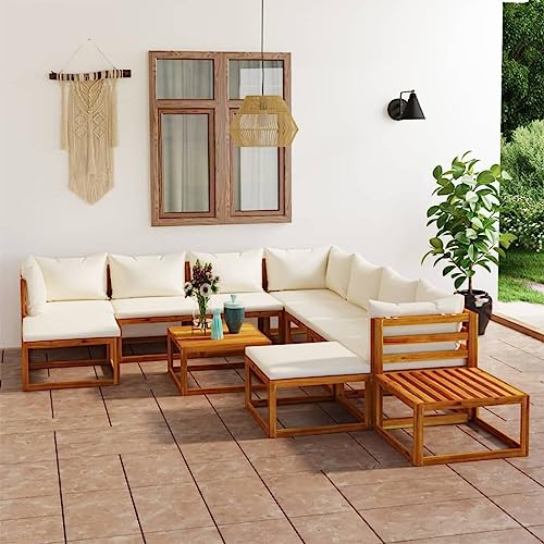 Juego de muebles de jardín de madera maciza de acacia, 12 piezas, color crema
