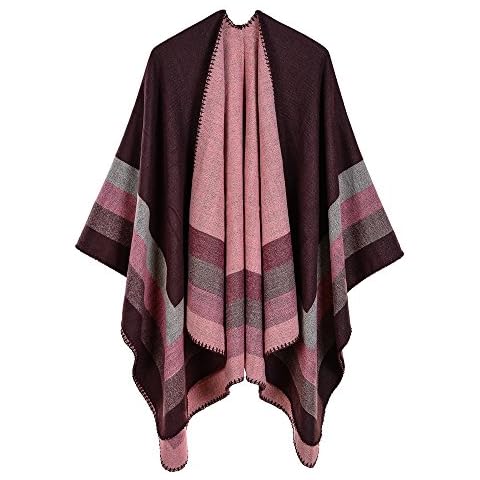 NCTCITY Ladies Shawl Reversible Oversized Poncho Cape Knitted Open Front Women Stripe Patterns Elegant Cardigans Warm Wearable Blanket Wrap Coat for Fall and Winter Cover