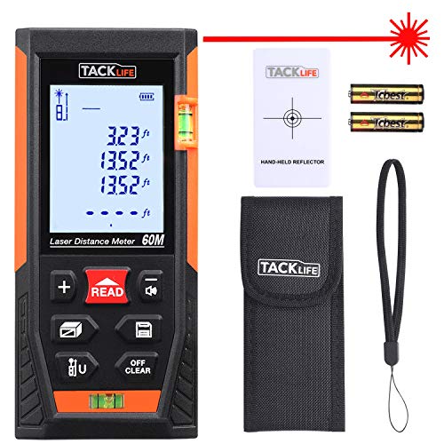 Telémetro Láser, TACKLIFE Profesional Metro Laser 60m, Precisión +/- 1.5mm, Pantalla Retroiluminada LCD, m/in/ft, 30 Datos, Distancia, Área, Volumen, Pitágoras, Protección IP54, Niveles de Burbuja