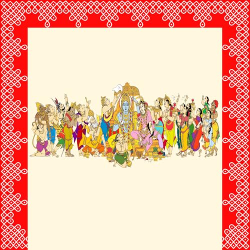 Image of Sri Sita Rama Pattabhishekam with Sages, Hanuman, and Geometric Red Rangoli Art Background Decoration Cloth 8x8 feet | Backdrop Cloth for Decoration Pooja | Backdrop for varalakshmi Pooja