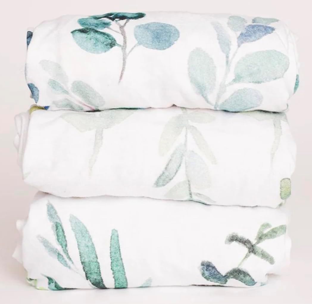 NODNAL CO. Bassinet Sheets 3 Pack Set 100% Oeko-TEX Cotton Baby Girl/Boy - Gender Neutral Leaves Floral Eucalyptus Greenery Cradle/Moses Basket Hourglass Oval Rectangle Mattress (3 Pack (All Styles))
