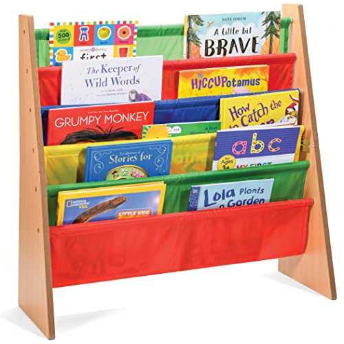 Image of Sagler Toddler Book Shelf Organizer - Wooden Kids Book Case Storage & Magazine Rack with 5 Multicolored Nylon Fabric Shelves - Easy-to-Reach Kids Bookshelf for Nursery, Bedroom, Playroom, Classroom