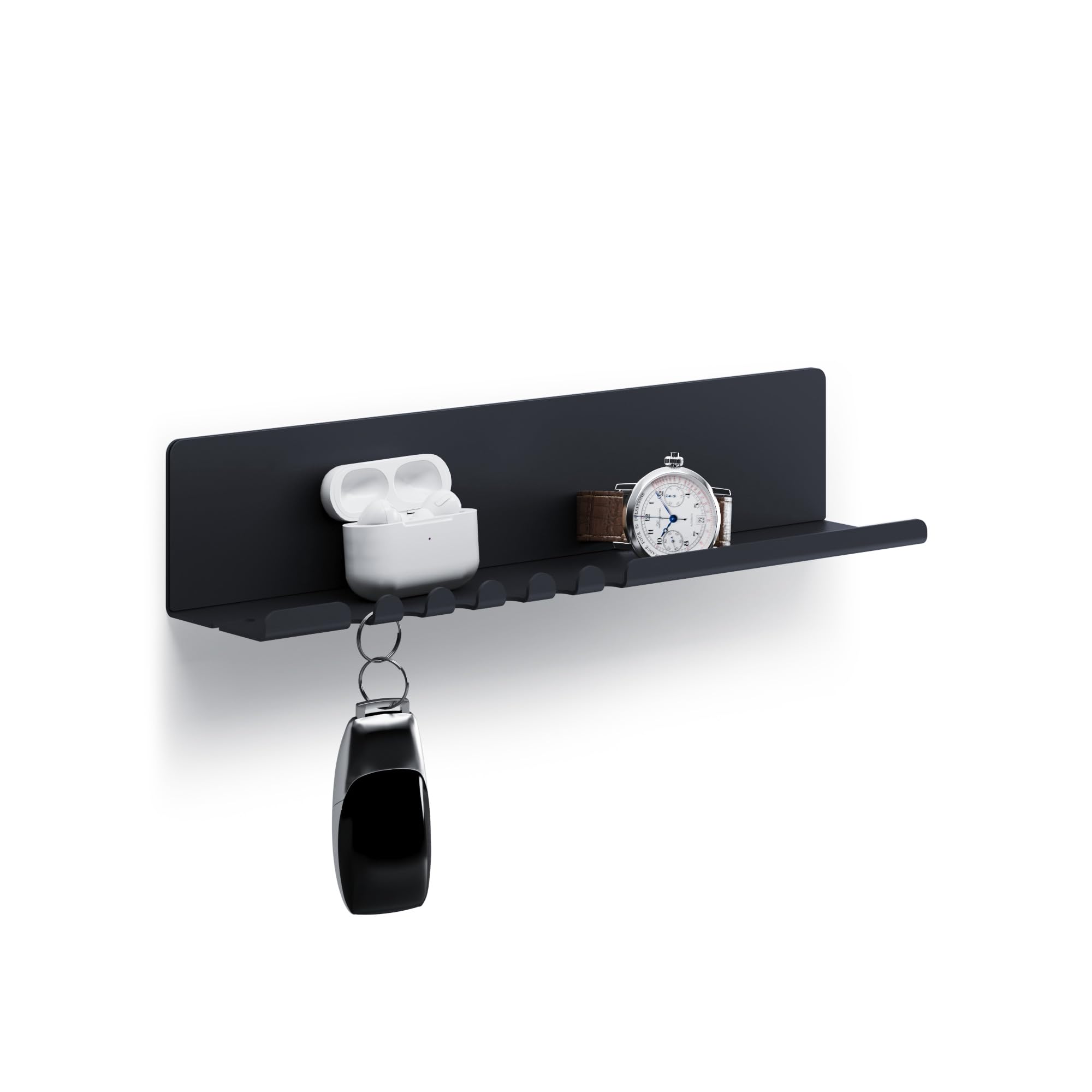 byde Helke Półka Ścienna 30 x 6 x 6 cm Organizer na klucze, listy i drobne przedmioty. 5 haczyków na klucze, uchwyt na kabel do ładowarki. Półka z blachy stalowej malowanej proszkowo. Kolor Czarny