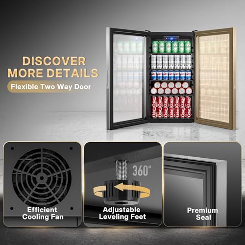 Image of Manastin 3.1 Cu.Ft Beverage Refrigerator, 126 Can Glass Door Mini Fridge | Reversible Glass Door, 34-64F Adjustable Thermostat, Freestanding Drink Cooler for Soda, Beer & Home Bar