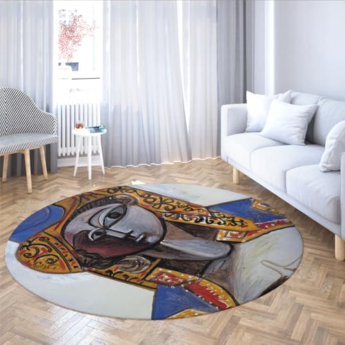 SHUODAOCO Alfombras de área Redondas 60cm Alfombra de círculo cubista con patrón de Estampado Vintage geométrico Vintage Lavable para Sala de Estar Comedor Azul Amarillo Rojo Oro