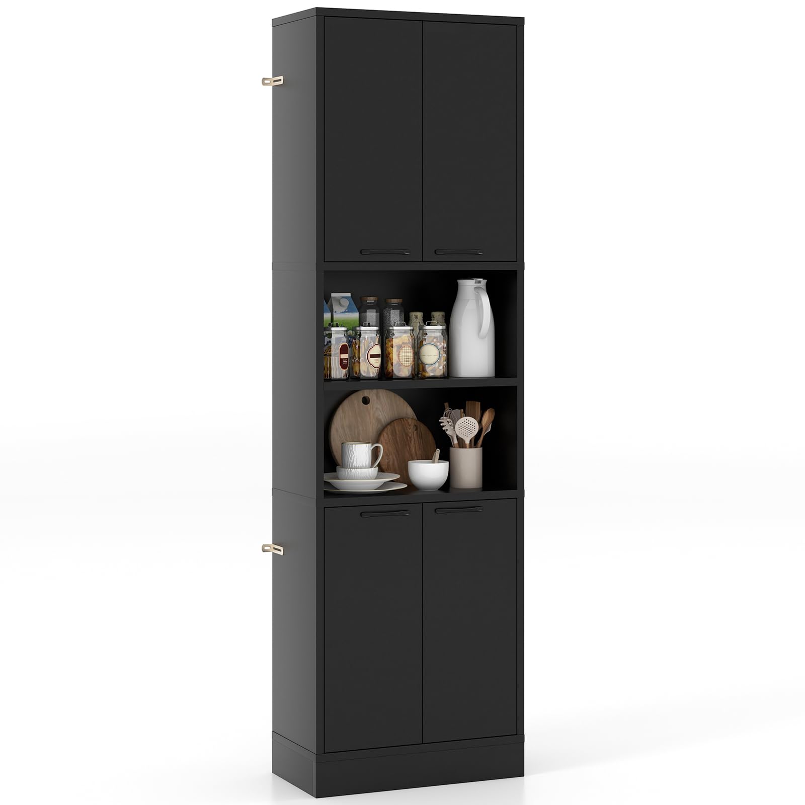 COSTWAY Tall Kitchen Cupboard, 4-Door Buffet Pantry Storage Cabinet with Shelves, Safety Hinges & Anti-tipping Devices, Freestanding Sideboard Organizer Unit for Dining Room Living Room (Black)