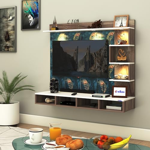 Image of Anikaa Laura Engineered Wood Wall-Mount TV Unit with Printed PVC Back Panel & LED Lights | TV Cabinet with Storage Box & Decorative Shelves (Coachwood /White) for TVs up to 43 Inch | DIY Installation
