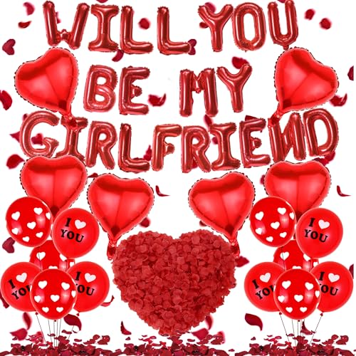 Will You Be My Girlfriend - 539 Pcs Valentine Day Red Love Set Including I Love You Balloons Heart Red Letter Balloon Artificial Rose Petals for Proposal Decorations