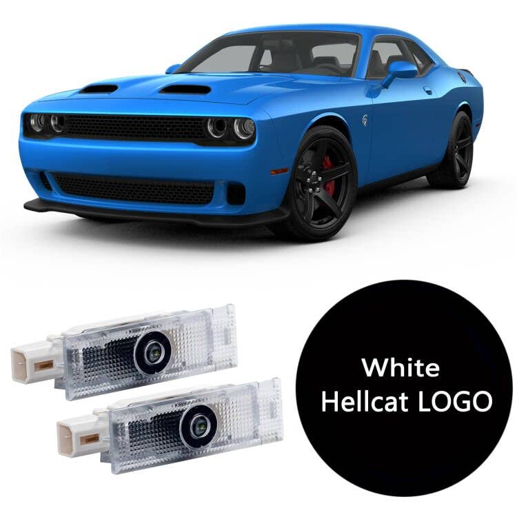Jfsotls Never Fade Car LED Door Logo for Dodge Challenger RT SRT SXT GT SE Projector Ghost Shadow Light, LED Laser Welcome Courtesy Step Light Ground Lamp HD (02. White Hellcat Emblem for Challenger)