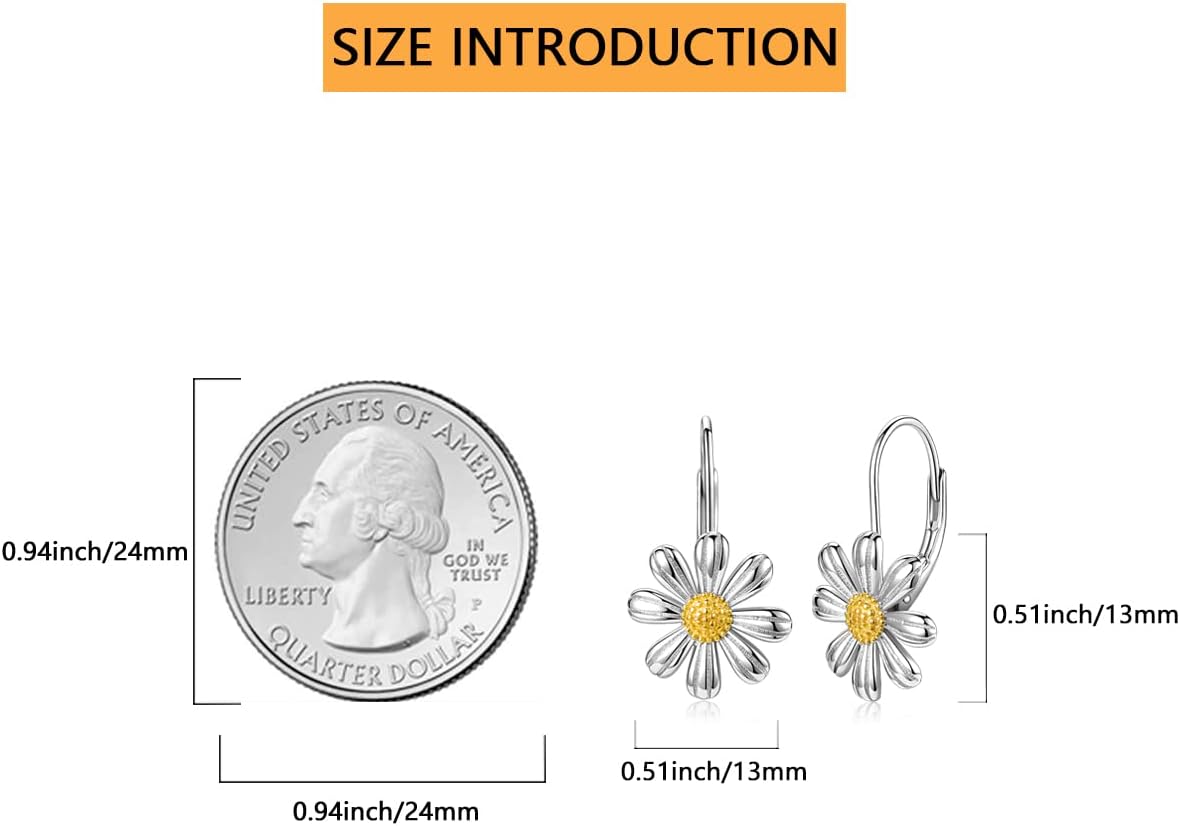 925 Sterling Silver Daisy Earrings 18K White Gold Plated Daisy Leverback Earrings Flower Dangle Drop Earrings for Women