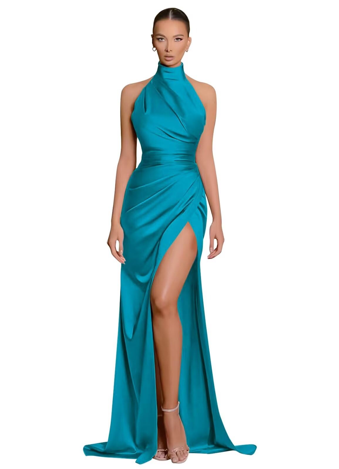 Clothfun Women's Halter Satin Bridesmaid Dresses Long Mermaid Prom Dress for Women Formal Gown with Slit