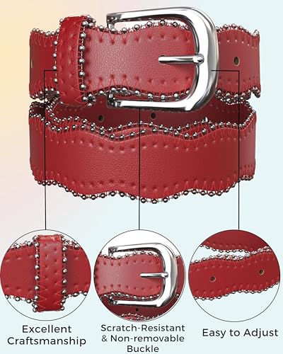 Red Vegan Leather Belt for Women - Wavy Edge Silver Buckle - Adjustable Waist Belt for Jeans, Dresses & Fashion4