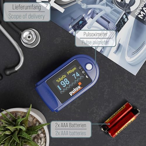Pulsoximeter Pulox PO-200 Solo in Blau - Messung von Sauerstoffsättigung (SpO₂), Herzfrequenz...