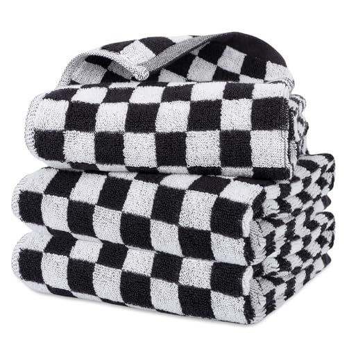 CODOHI 3 Pack Black and White Checkered Hand Towels 100% Cotton Absorbent Soft Decorative Towel for Bathroom Kitchen Home Hotel Beach 29 x 13.4 Inches (3)