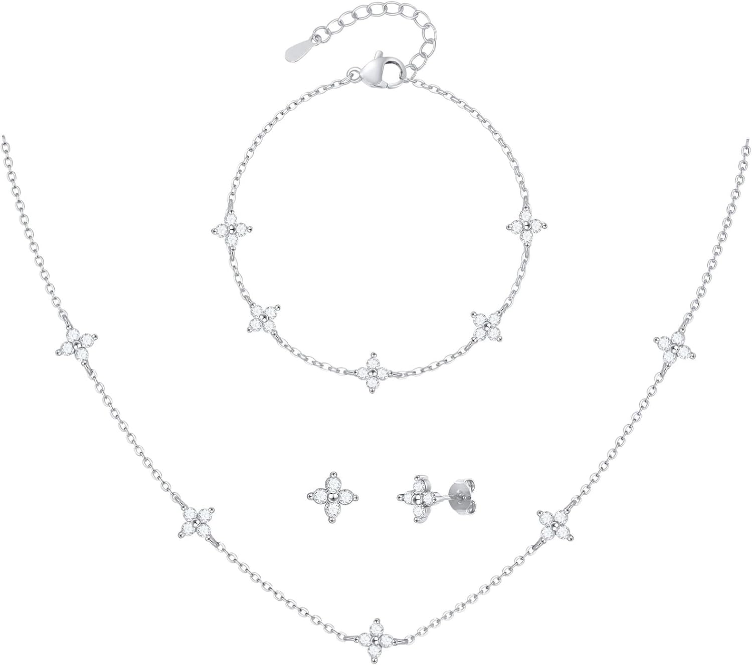 Gold Jewelry Set for Women - 14K Silver Plated Four Leaf Bracelet Choker Necklace and Earring Jewelry Set for Women Dainty Women Mom Daughter Gifts