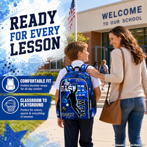Image of AGSDON 3PCS Boys Backpack, 17 inch Basketball Kids Bookbag with Lunch Box, Backpacks with Water Resistant and Lightweight for Teenagers