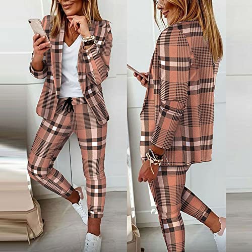Cute Jackets For Women, Hooded Jacket Women Winter Jacket Women Women's 2-Piece Fashionable Plaid Stripe Printed Casual Suit Temperament Fashionable Casual Color Blocked Jacket (Khaki,X-Large) #TOP2