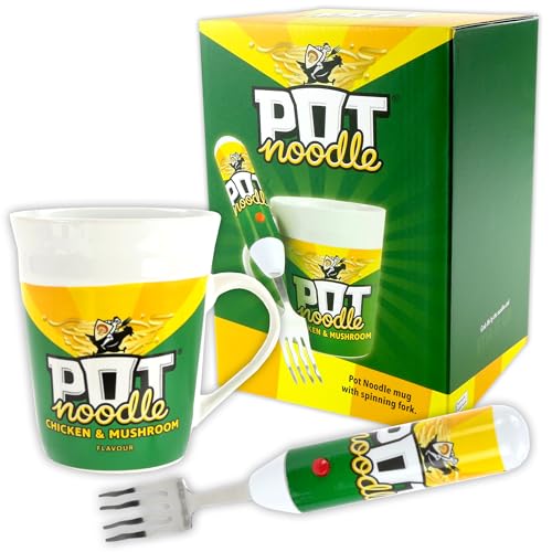 Kimm & Miller Pot Noodle Spinning Fork & Mug Gift Set - Funny Novelty Gifts for Men Women Teens & Students - Chicken and Mushroom Design