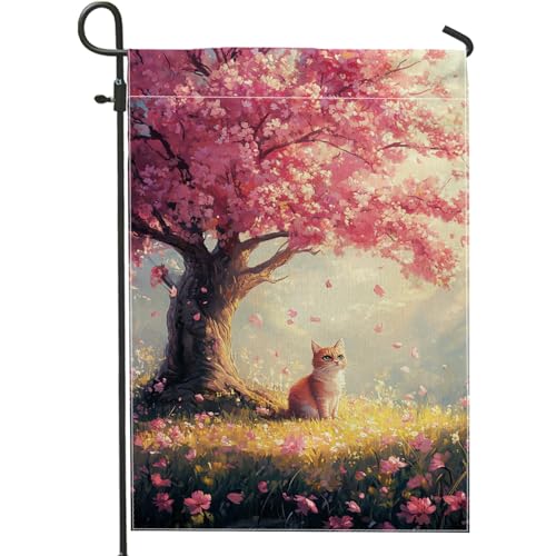 Bandera de jardín de flores de cerezo y gatos, decoración al aire libre, pancarta de arpillera de doble cara para decoración del hogar, patio, 12 x 18 pulgadas