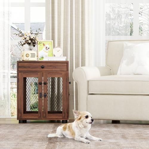 VOWNER Hundekäfig Möbel Indoor, 3 Türen Holz Hundebox mit Schublade, Moderne Hundehütte als Beistelltisch, 51 x 60 x 62 cm für kleine Hunde Zuhause unter 20 kg, Walnussbraun