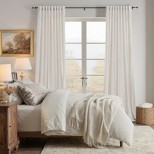 Image of 100% Blackout Ivory Off White Velvet Curtains 84 inch Long for Living Room,Set of 2 Panels Liner Rod Pocket Back Tab Thermal Window Drapes Room Darkening Heavy Decorative Curtains for Bedroom