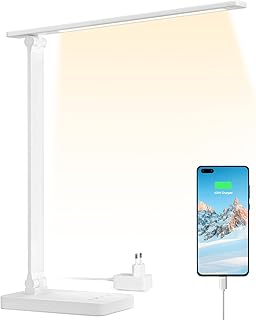 Lepro Lampe de Bureau avec Port USB 655 lm, Lampe Bureau 15W 96LEDs, 3 Modes de Couleur et 5 Niveaux de LuminositĂ© Dimmable, Anti-Ăblouissement, ContrĂŽle Tactile Pour Lecture Travail Manucure - Blanc