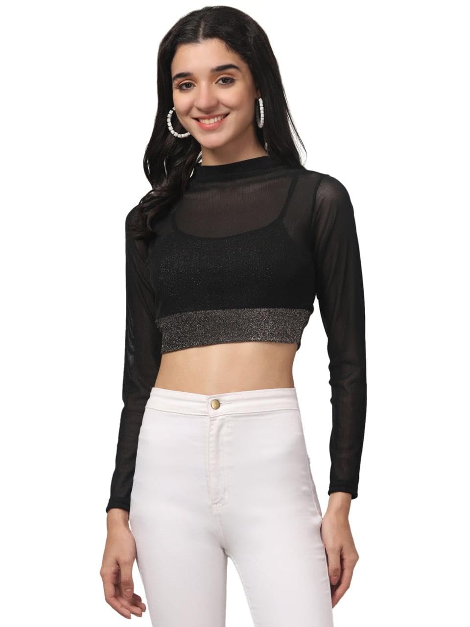 ucofit Women Black Sheer Mesh Crop Top Stylish Long Sleeve Transparent Top for Girls-picture-25