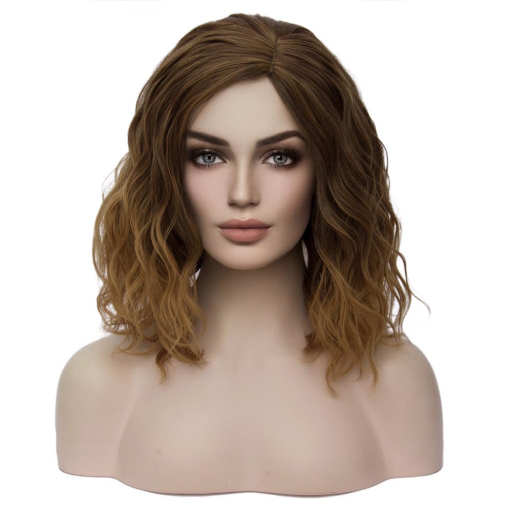 BERON Womens Brown Wig Short Curly Bob Hair Wig for Girls Brown Ombre Color Wavy Heat Resistant Synthetic Wig Body Wave Daily Hair Party Wigs