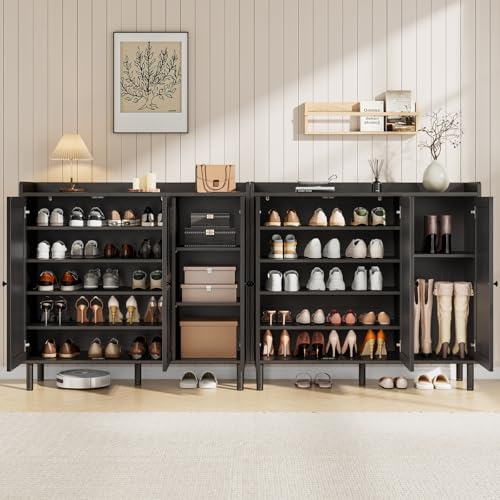 Image of ONBRILL Shoe Cabinet with 3 Doors and Adjustable Shelves, 30 Pairs Shoe Storage Cabinet, 40 Inch Tall Farmhouse Shoe Rack Shoe Organizer Cabinet for Entryway Living Room Closet, Black