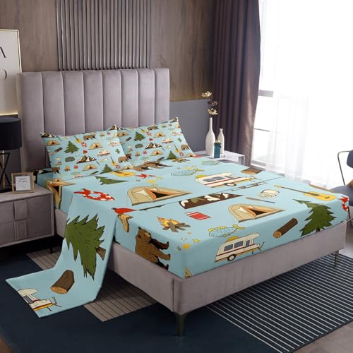 Camper Bedding For Travel Trailers Bunk, Happy Camping Bed Sheets Set For Kids Boys Girls, Pine Tree Bear Sheets, Camper Accessories Sheet Set, Travel Car Flat Fitted Sheet Bedroom Decor, 4Pcs Full