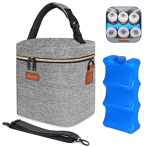 Image of Mancro Baby Bottle Bag with Insulated Cooler, Fits 6 Baby Bottles Up to 9 Ounce with Ice Pack, Breastmilk Cooler Bag with Adjustable Shoulder Strap for Easy Carrying, Grey
