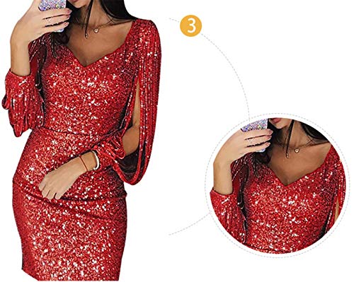 Damesmode Avondjurk Pailletten V-nek Glanzende Kwastje Lange Mouw Slanke Jurk Dames Retro Jurk,Red,S - Image 3