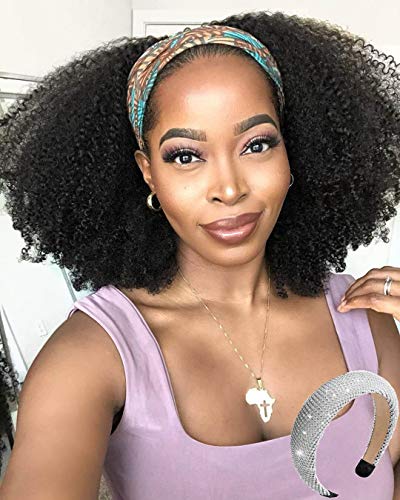 Afro Kinky Curly Headband Wig Human Hair 180% Density Short Curly Headband Wig for Black Women Glueless None Lace Front Wigs Brizilian Virgin Hair Machine Made (14 Inch)