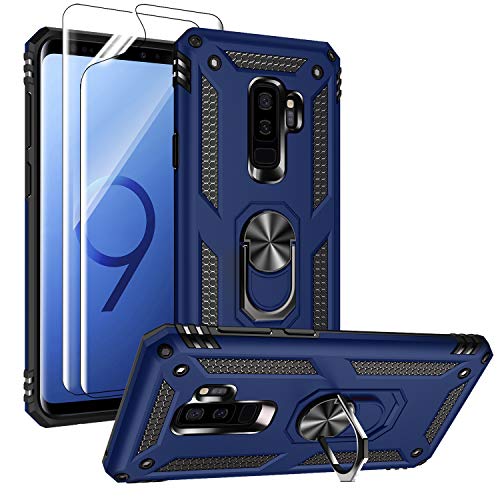 Androgate - Funda para Samsung Galaxy S9 Plus (no compatible con el estándar S9) con protectores de visualización HD, soporte de anillo de metal de grado militar para Galaxy S9+ (2018), color azul