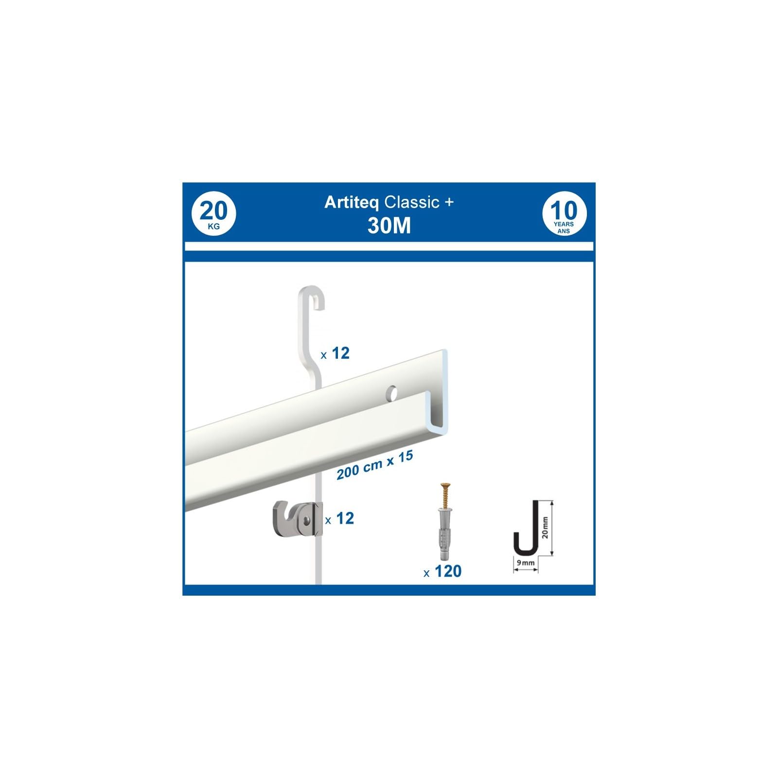 Arti Teq - Pack 30 mètres cimaise Classic + Gallery couleur Blanc - Solution d'accrochage pour décoration murale lourde - Blanc