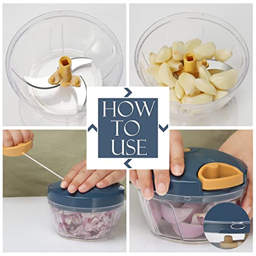 Image of Ourokhome Manual Food Processor Vegetable Chopper, Portable Hand Pull String Garlic Mincer Onion Cutter for Veggies, Ginger, Fruits, Nuts, Herbs, etc., 500ml, Deep Blue