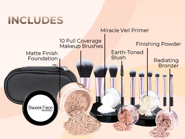 16pc Beginner Mineral Makeup STARTER KIT with 10 BRUSH SET (5gm) Sample Size Foundation, Primer, Blush, Bronzer, Setting Powder for Learning, Occasional Use,First Time Users, Travel Size Kit (Light) - Image 2