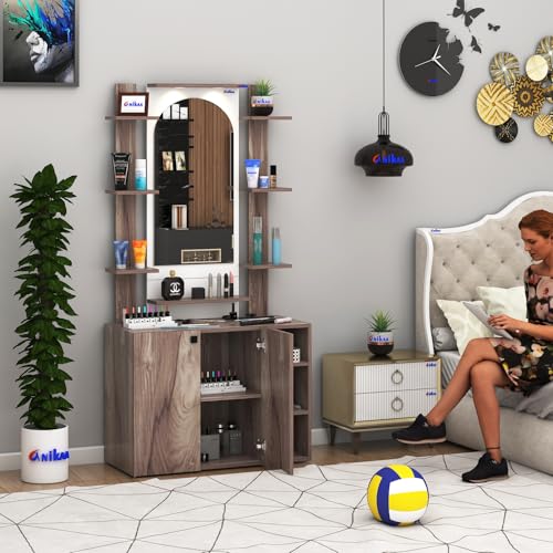 Image of Anikaa Venza Engineered Wood Dressing Table with Wall Mounted Mirror & LED Lights Open Shelf | Makeup Vanity Storage Cabinet with Soft Closed Hinge Door for Bedroom -(Coachwood /White) DIY Installation